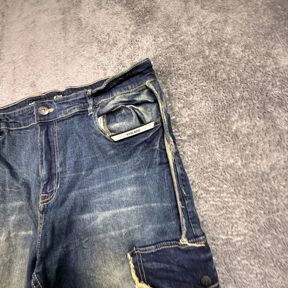 SOC State of Crew Cargo Jeans Mens 38 Blue NWOT Skinny Stretch Distressed Denim